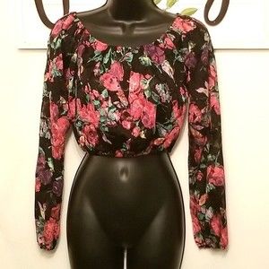 Lette M Sheer Lace Floral Crop Top Long Sleeve Stretchy Black Pink Green